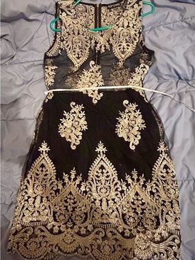 Black & Gold Embroidered Sleeveless Dress
